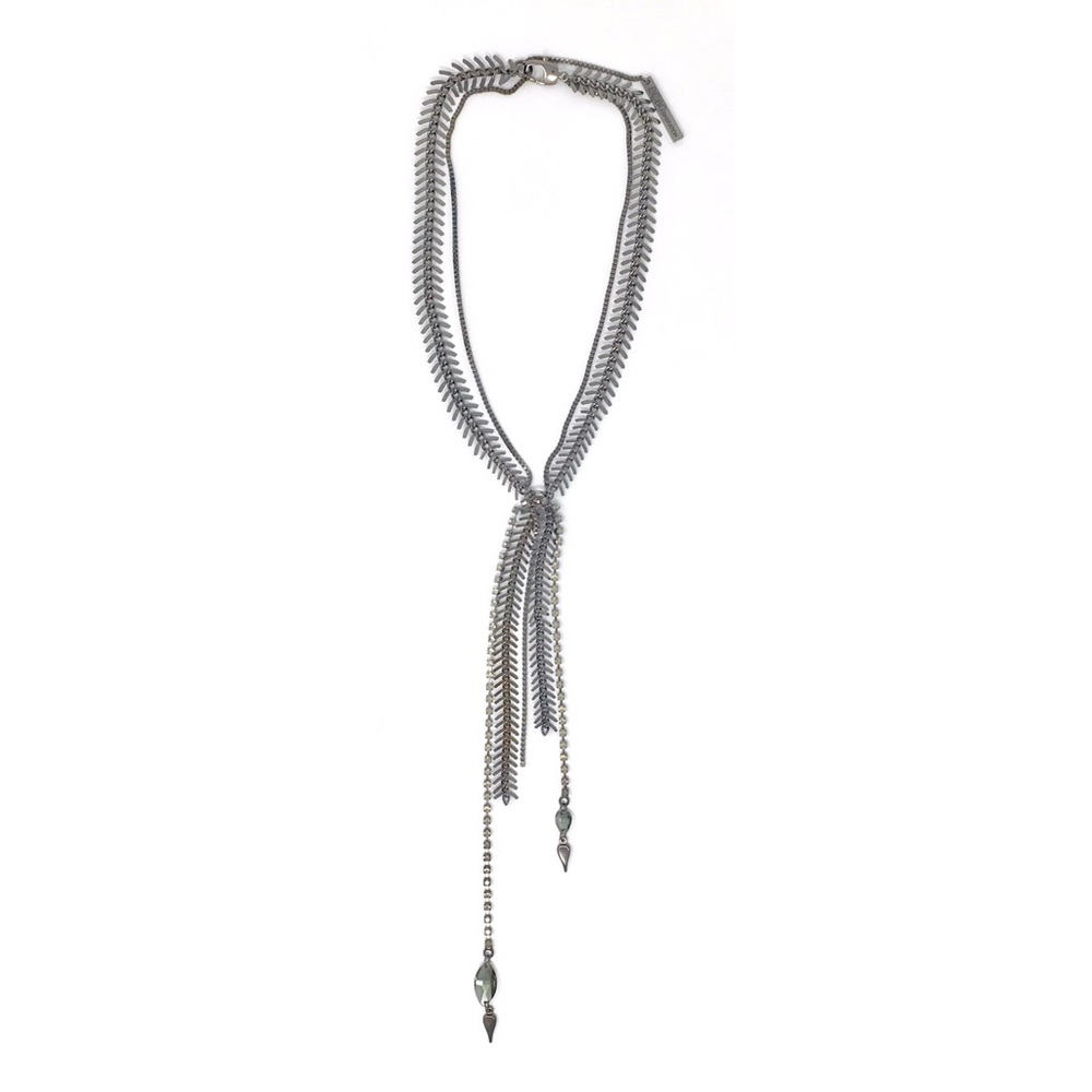 BCBGENERATION Boho Necklace Tassel Fringe Silver Tone Long Y